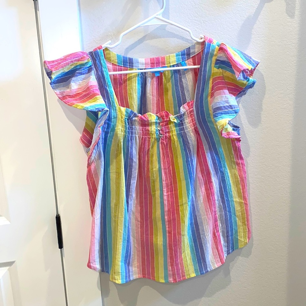 Euc Size L Large Flutter Sleeve Rainbow Stripe Dr… - image 1
